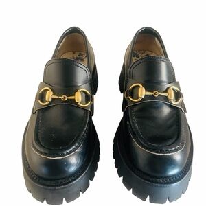 Gucci Black Leather Lug Sole Loafers with Horsebit